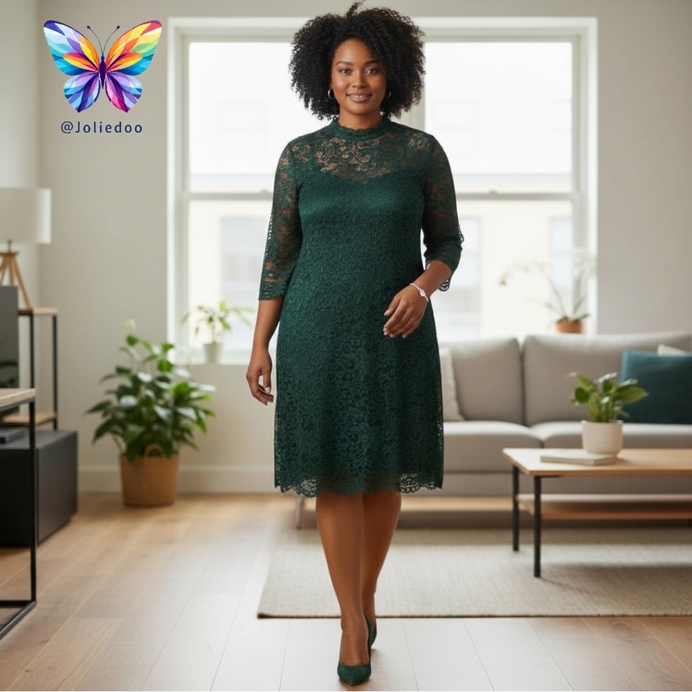 Reitmans Rock&Shine Dark Green Lace 3/4 Sleeves Lined Dress Regular 2X/ XXL